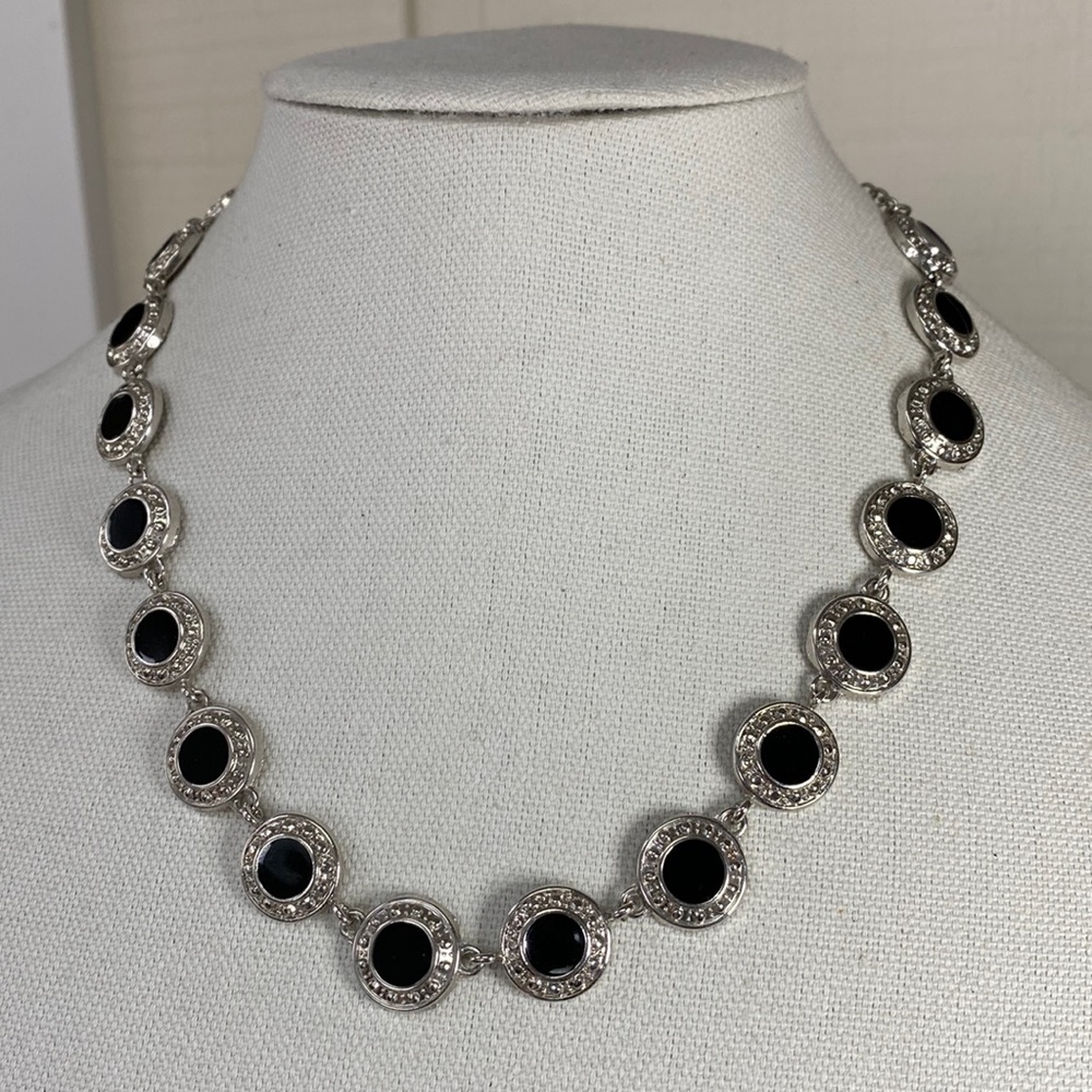 Beautiful silvertone and black disc statement necklace